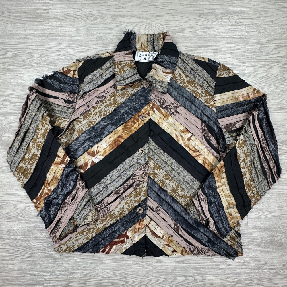Keren Hart Women's Jacket Med Earth Tone‎ Ribbon Patchwork Button Front Artwear